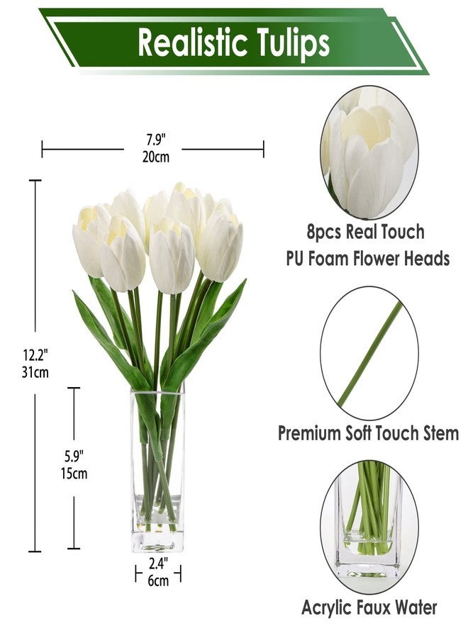 Briful Fake Flowers Artificial Tulip Flower White in Clear Vase, Real Touch Foam Tulip Arrangement Suitable for Home Office Decoration, Dining Table Centerpiece - Image 2